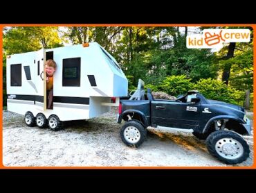 Camping adventure with kids RV trailer and ride on truck, sleeping in camper. Educational  Kid Crew