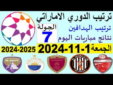 ترتيب الدوري الاماراتي وترتيب الهدافين الجولة 7 اليوم الجمعة 1112024  تعادل الوحدة